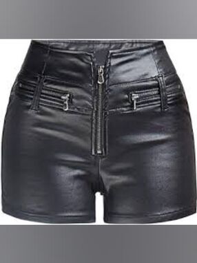 Ramisu Black Vegan Faux Leather High-Waist Zip-Front Shorts Medium Stripper Sexy